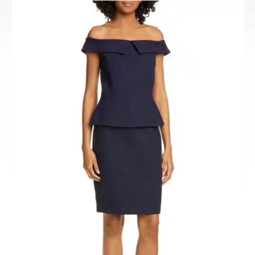 TED BAKER LAETITA BARDOT OFF THE SHOULDER PEPLUM WAIST NAVY DRESS
